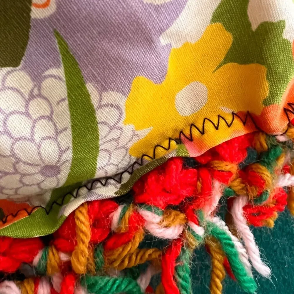 Vintage 70s Crochet Pillow Handmade Round Flower Power Fringe Floral 17 Inches